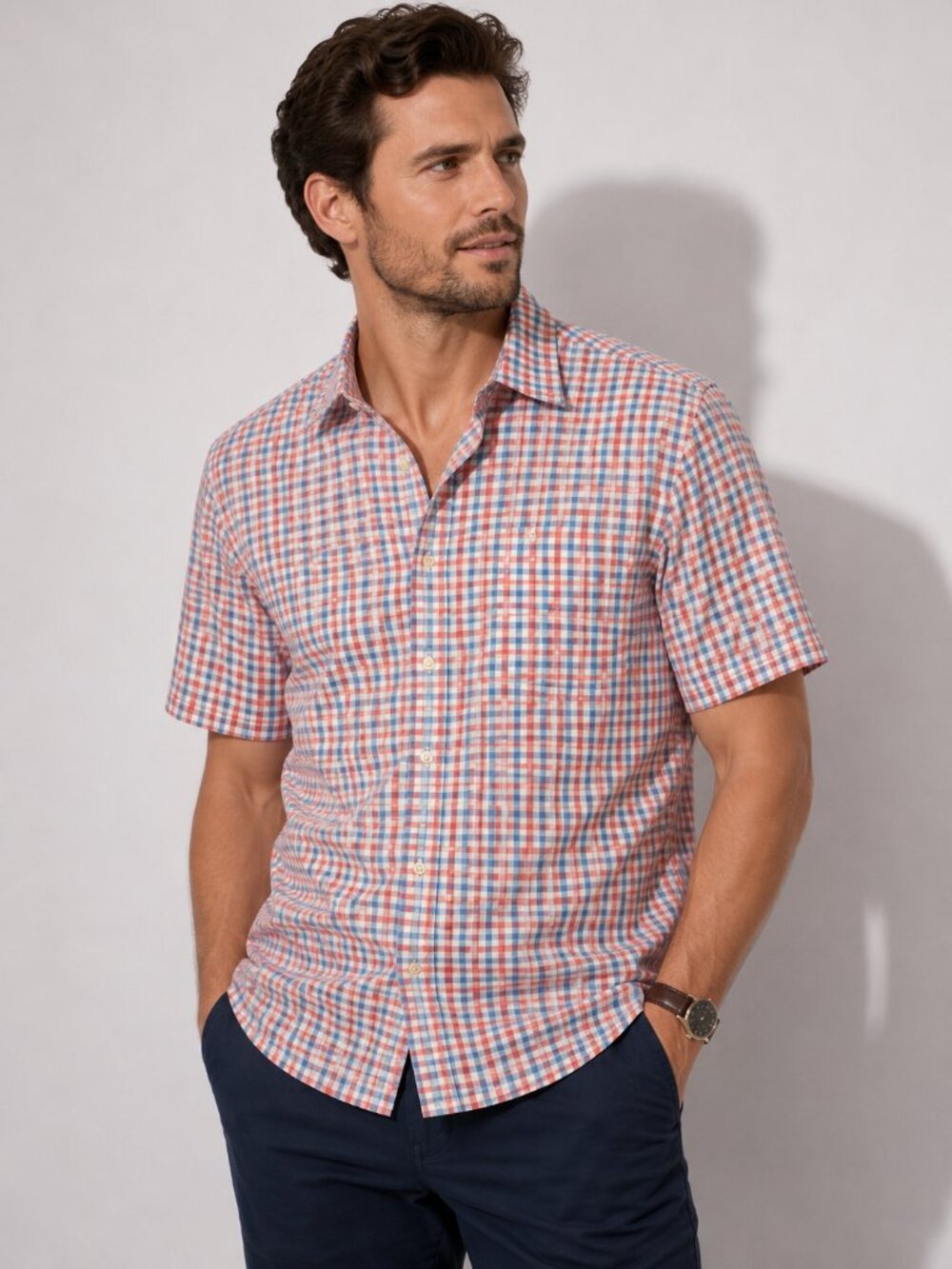 Chaps Men’s Pink Blue Check Short Sleeve Button Down Shirt Size Medium